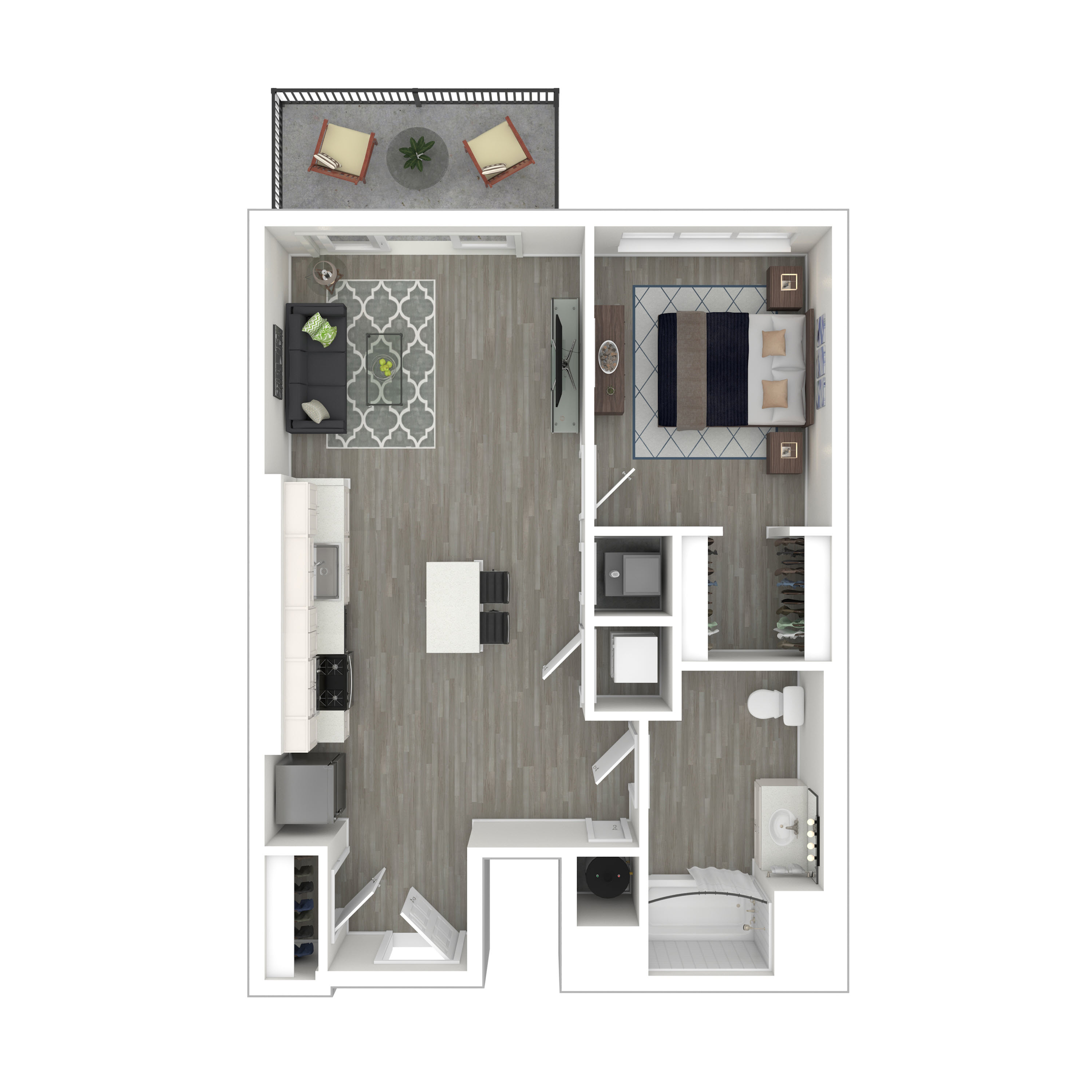 Floor plan for 1 bed, 1 bath, 697 sqft